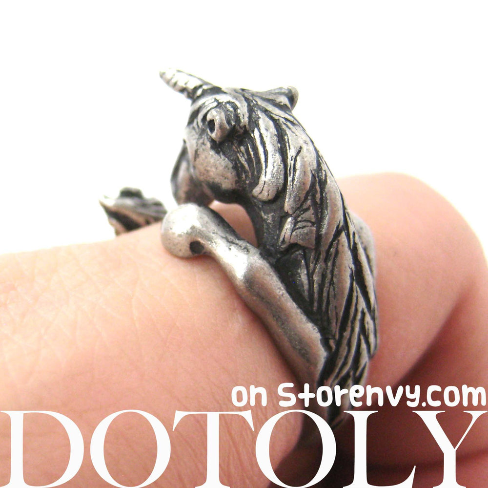 Unicorn Horse Detailed Animal Wrap Around Ring in Silver - Size 5 to 9 | DOTOLY