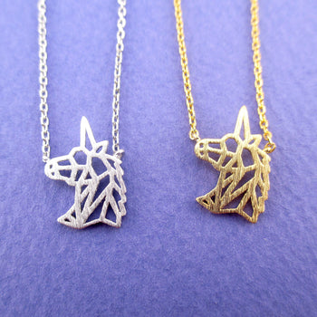 Unicorn Head Shaped Outline Dye Cut Charm Necklace in Silver or Gold