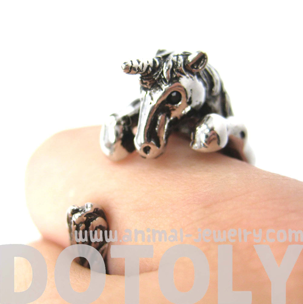 Unicorn Horse Detailed Animal Wrap Around Ring in Shiny Silver | Sizes 5 to 9 | DOTOLY