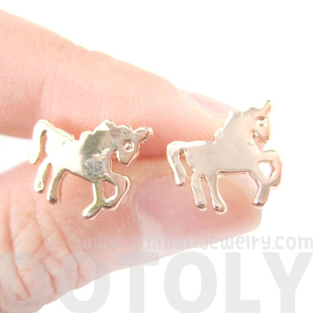 Unicorn Horse Shaped Silhouette Animal Themed Stud Earrings in Rose Gold | DOTOLY