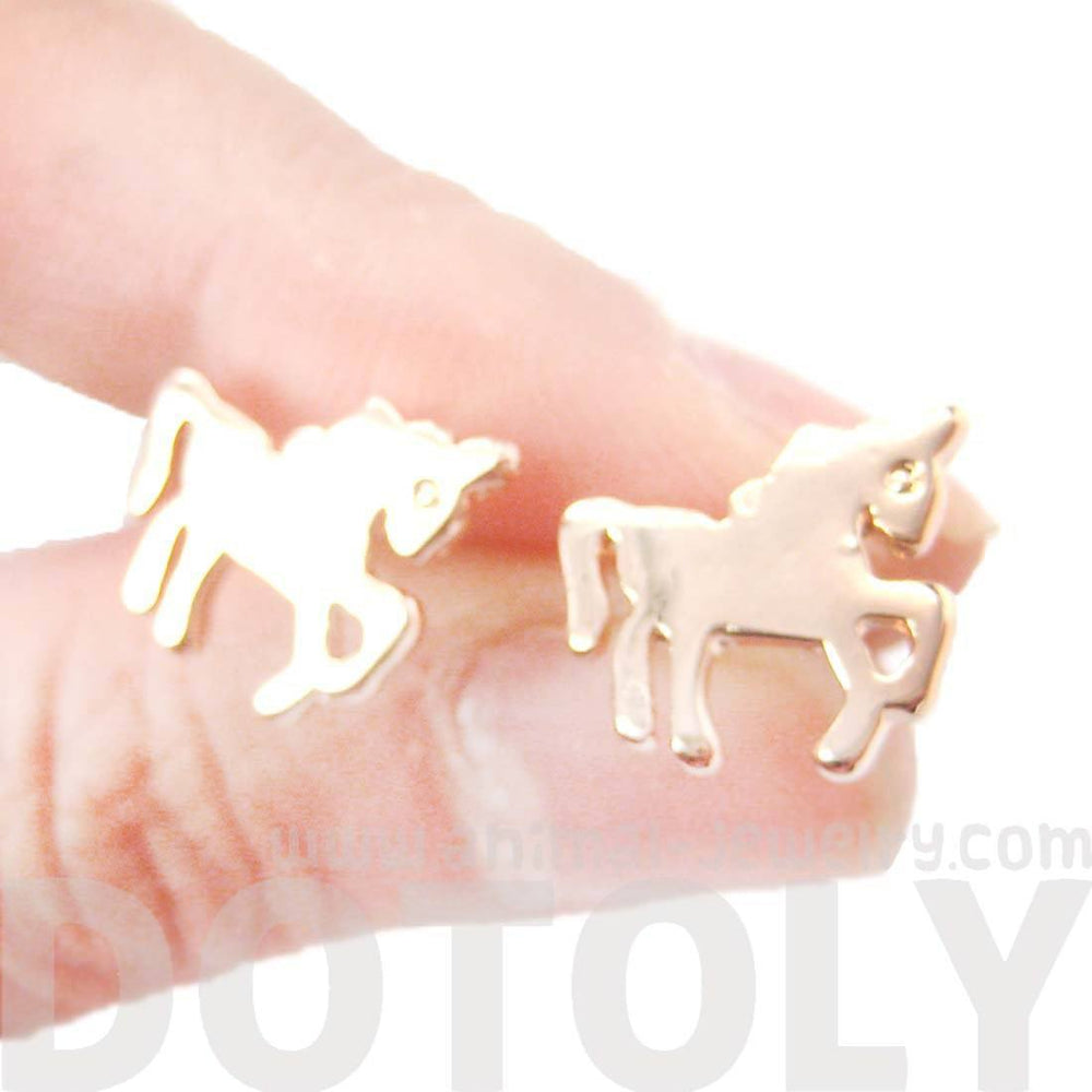Unicorn Horse Shaped Silhouette Animal Themed Stud Earrings in Rose Gold | DOTOLY
