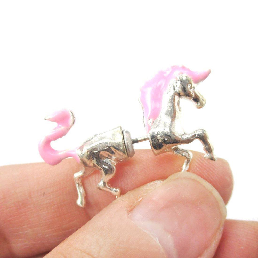 Unicorn Shaped Front and Back Two Part Earrings in Silver and Pink | DOTOLY