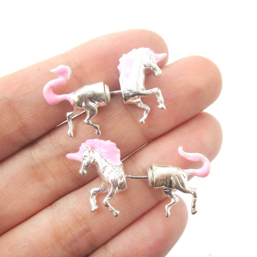 Unicorn Shaped Front and Back Two Part Earrings in Silver and Pink | DOTOLY