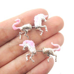 Unicorn Shaped Front and Back Two Part Earrings in Silver and Pink | DOTOLY