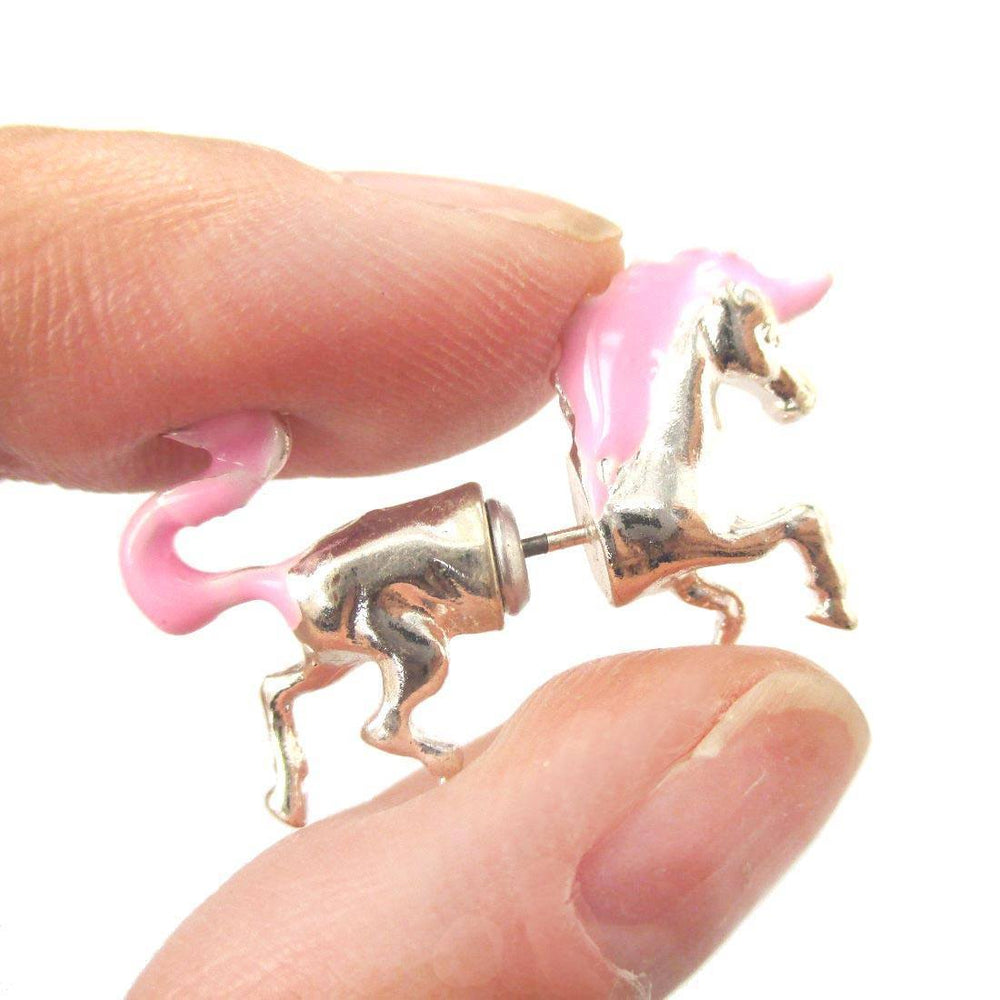 Unicorn Shaped Front and Back Two Part Earrings in Silver and Pink | DOTOLY