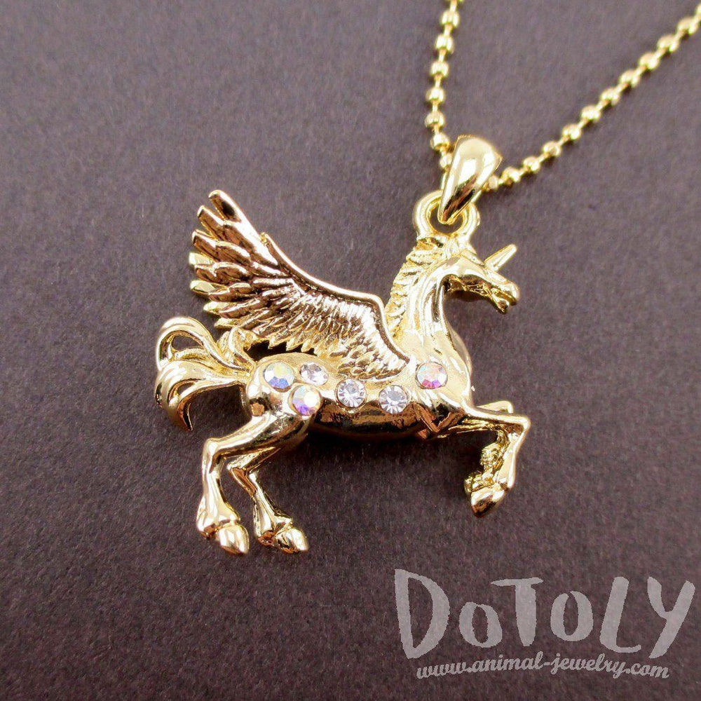 Unicorn with Wings Pegasus Shaped Pendant Necklace in Gold | Animal Jewelry | DOTOLY