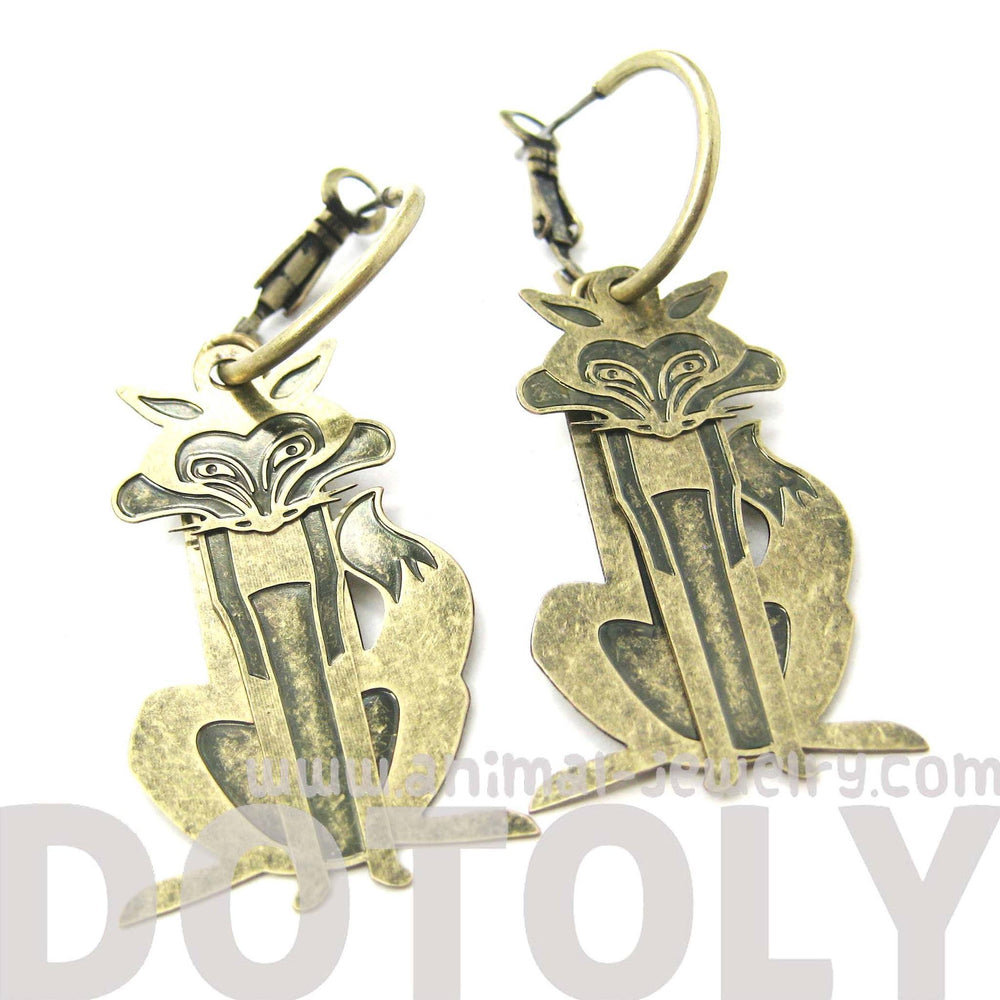 Unique 3D Fox Wolf Shaped Dangle Hoop Earrings in Brass | Animal Jewelry | DOTOLY