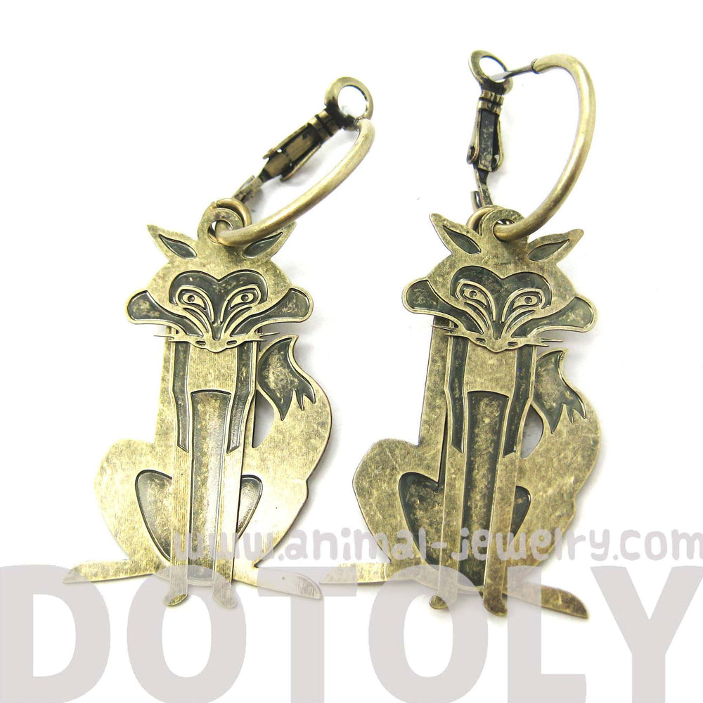 Unique 3D Fox Wolf Shaped Dangle Hoop Earrings in Brass | Animal Jewelry | DOTOLY