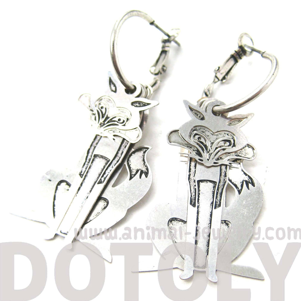 Unique 3D Fox Wolf Shaped Dangle Hoop Earrings in Silver | Animal Jewelry | DOTOLY