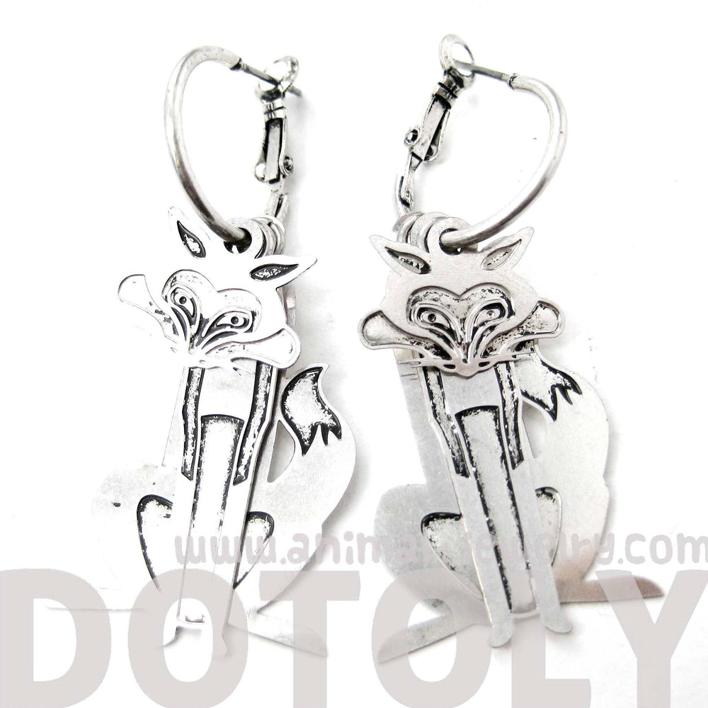 Unique 3D Fox Wolf Shaped Dangle Hoop Earrings in Silver | Animal Jewelry | DOTOLY