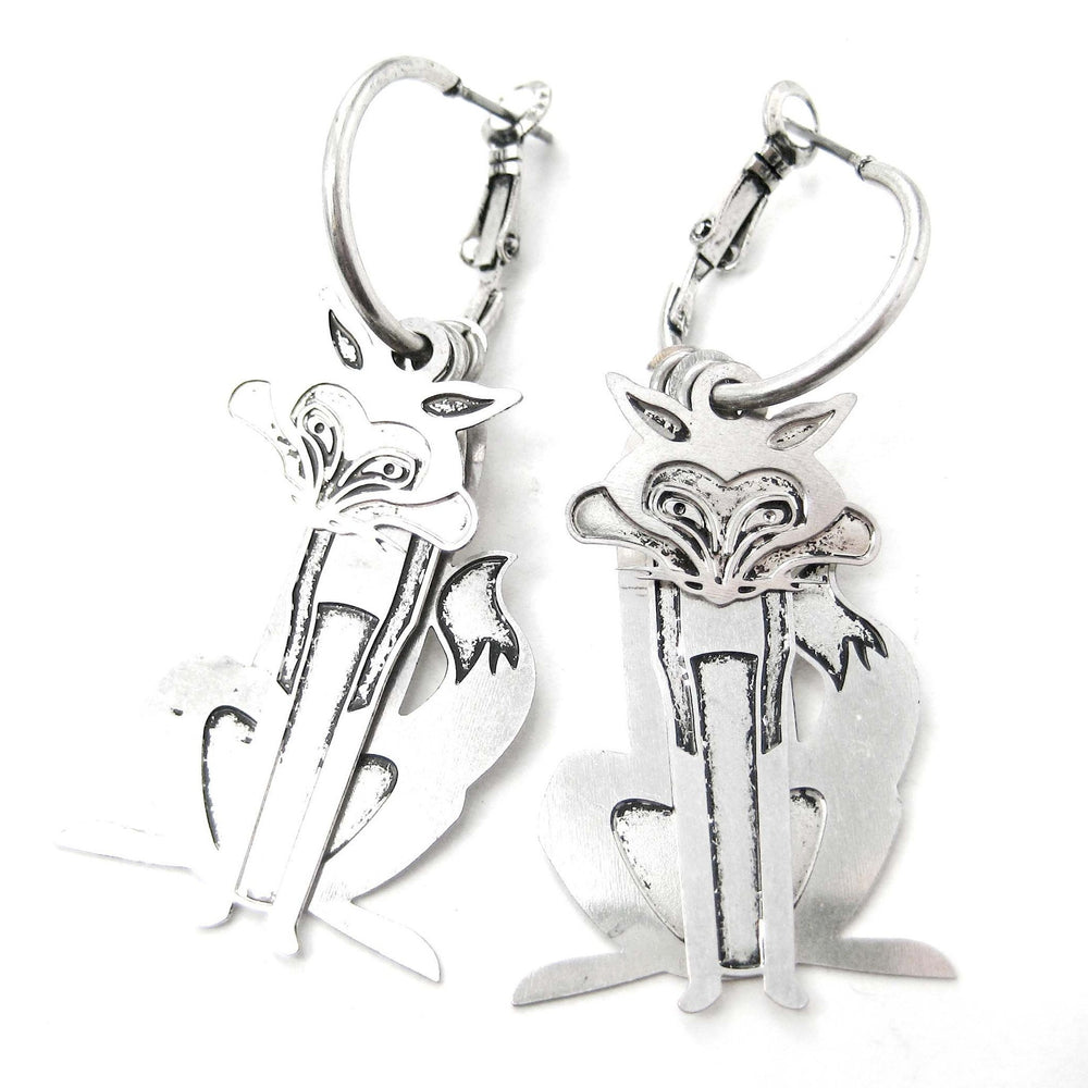 Unique 3D Fox Wolf Shaped Dangle Hoop Earrings in Silver | Animal Jewelry | DOTOLY