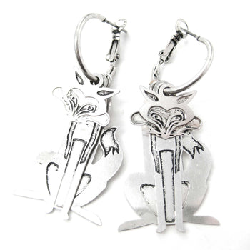 Unique 3D Fox Wolf Shaped Dangle Hoop Earrings in Silver | Animal Jewelry | DOTOLY