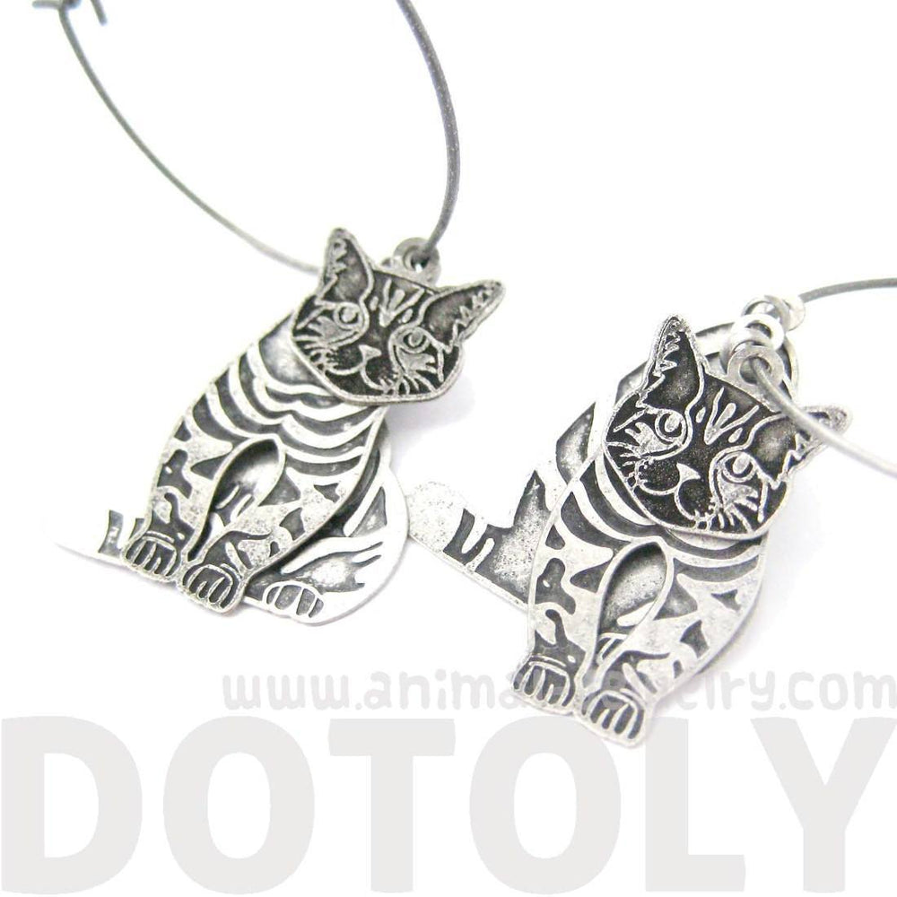 Unique 3D Tabby Kitty Cat Shaped Three Part Dangle Earrings in Silver | Animal Jewelry | DOTOLY