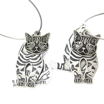 Unique 3D Tabby Kitty Cat Shaped Three Part Dangle Earrings in Silver | Animal Jewelry | DOTOLY