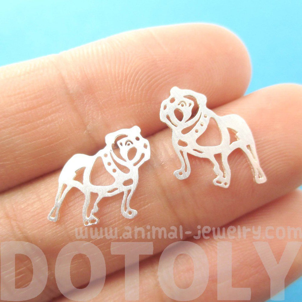 Unique Bulldog Dog Shaped Cut Out Stud Earrings in Silver | Animal Jewelry | DOTOLY