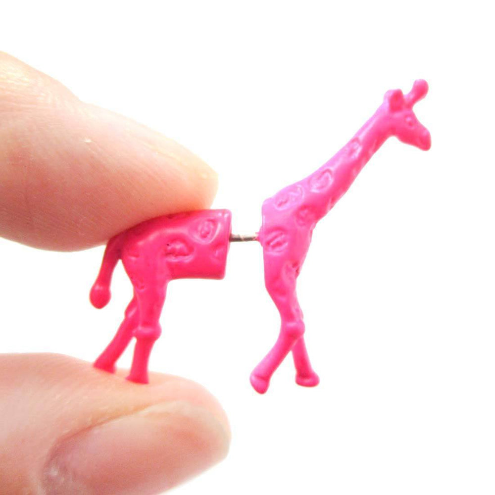 Unique Fake Gauge Earrings: Realistic Giraffe Shaped Animal Faux Plug Stud Earrings in Pink | DOTOLY