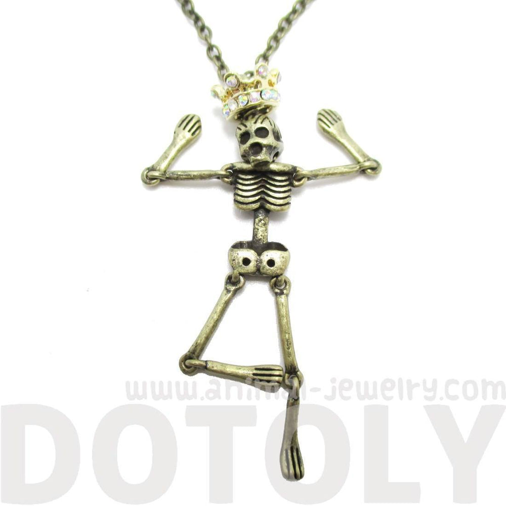 Unique Moveable Human Skeleton Bones Shaped Pendant Necklace With Crown in Brass | DOTOLY