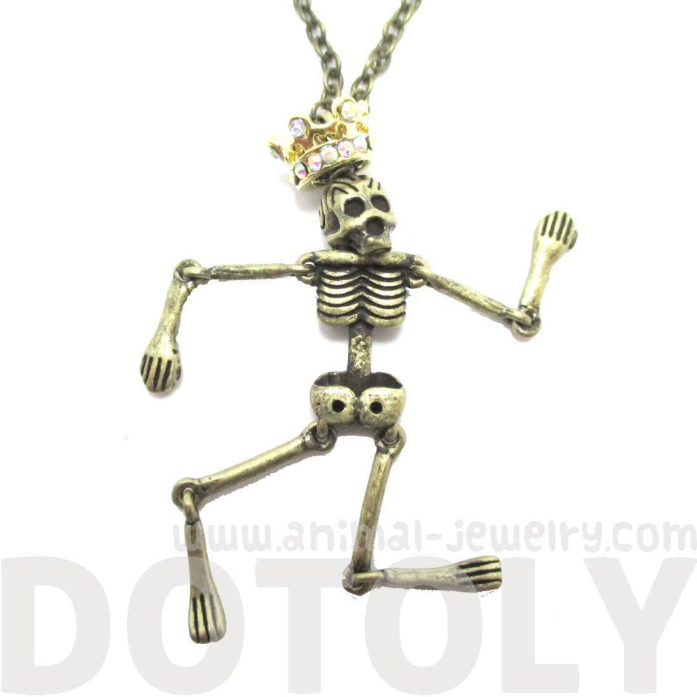 Unique Moveable Human Skeleton Bones Shaped Pendant Necklace With Crown in Brass | DOTOLY
