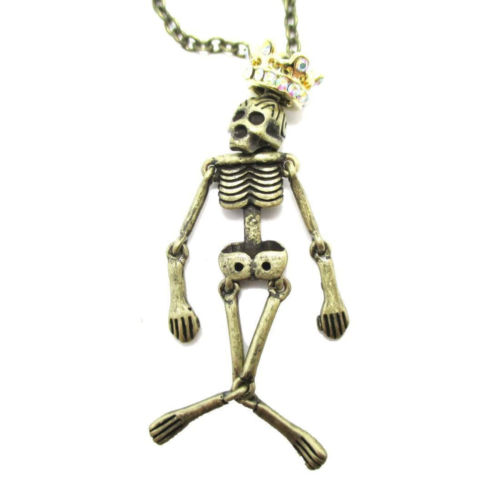 Unique Moveable Human Skeleton Bones Shaped Pendant Necklace With Crown in Brass | DOTOLY