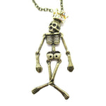 Unique Moveable Human Skeleton Bones Shaped Pendant Necklace With Crown in Brass | DOTOLY
