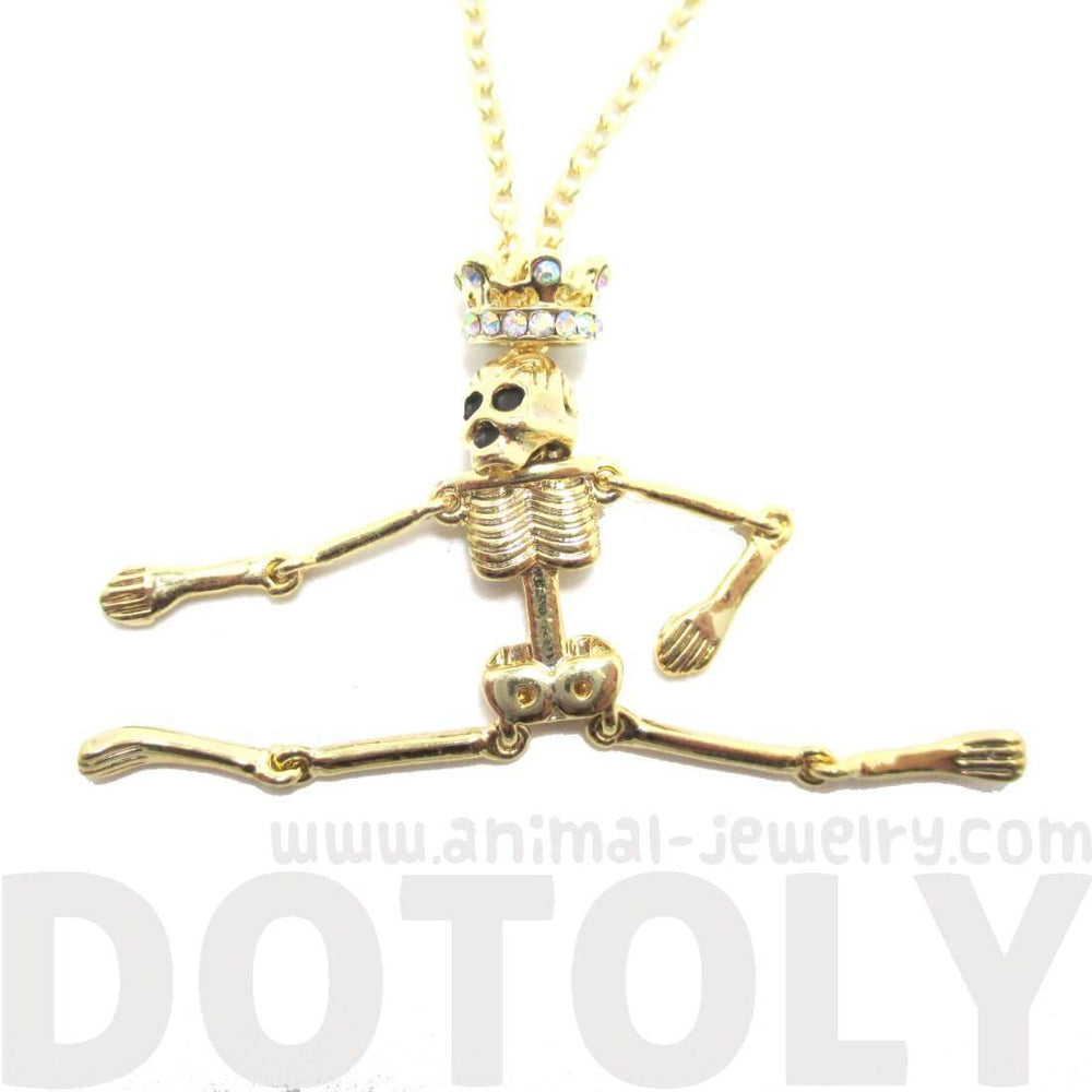 Unique Moveable Human Skeleton Bones Shaped Pendant Necklace With Crown in Gold | DOTOLY