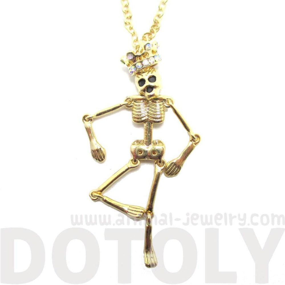 Unique Moveable Human Skeleton Bones Shaped Pendant Necklace With Crown in Gold | DOTOLY