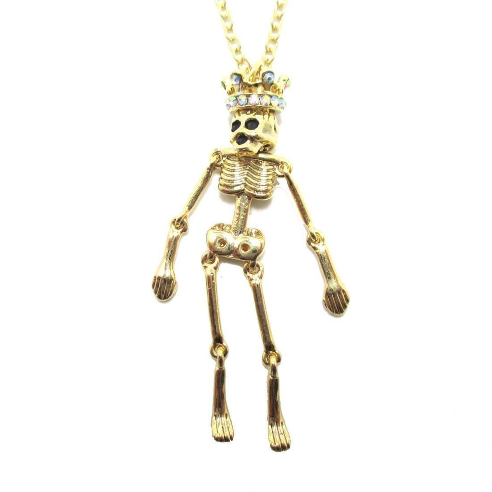Unique Moveable Human Skeleton Bones Shaped Pendant Necklace With Crown in Gold | DOTOLY