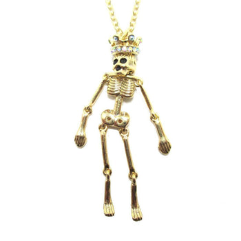Unique Moveable Human Skeleton Bones Shaped Pendant Necklace With Crown in Gold | DOTOLY
