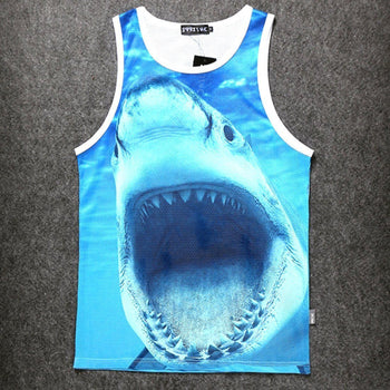 Unisex Shark Attack Mesh Graphic Tank Top in Blue | DOTOLY | DOTOLY