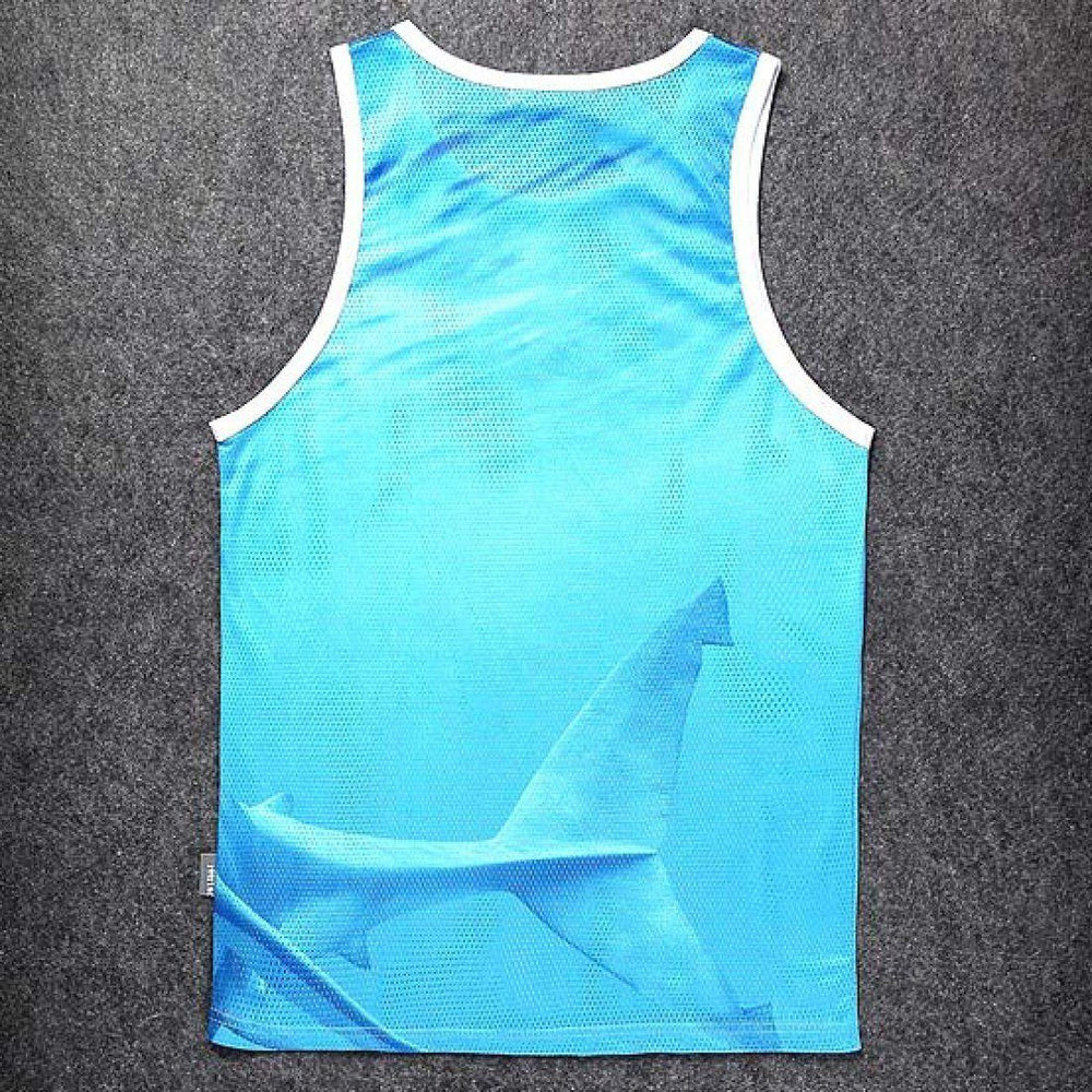 Unisex Shark Attack Mesh Graphic Tank Top in Blue | DOTOLY | DOTOLY