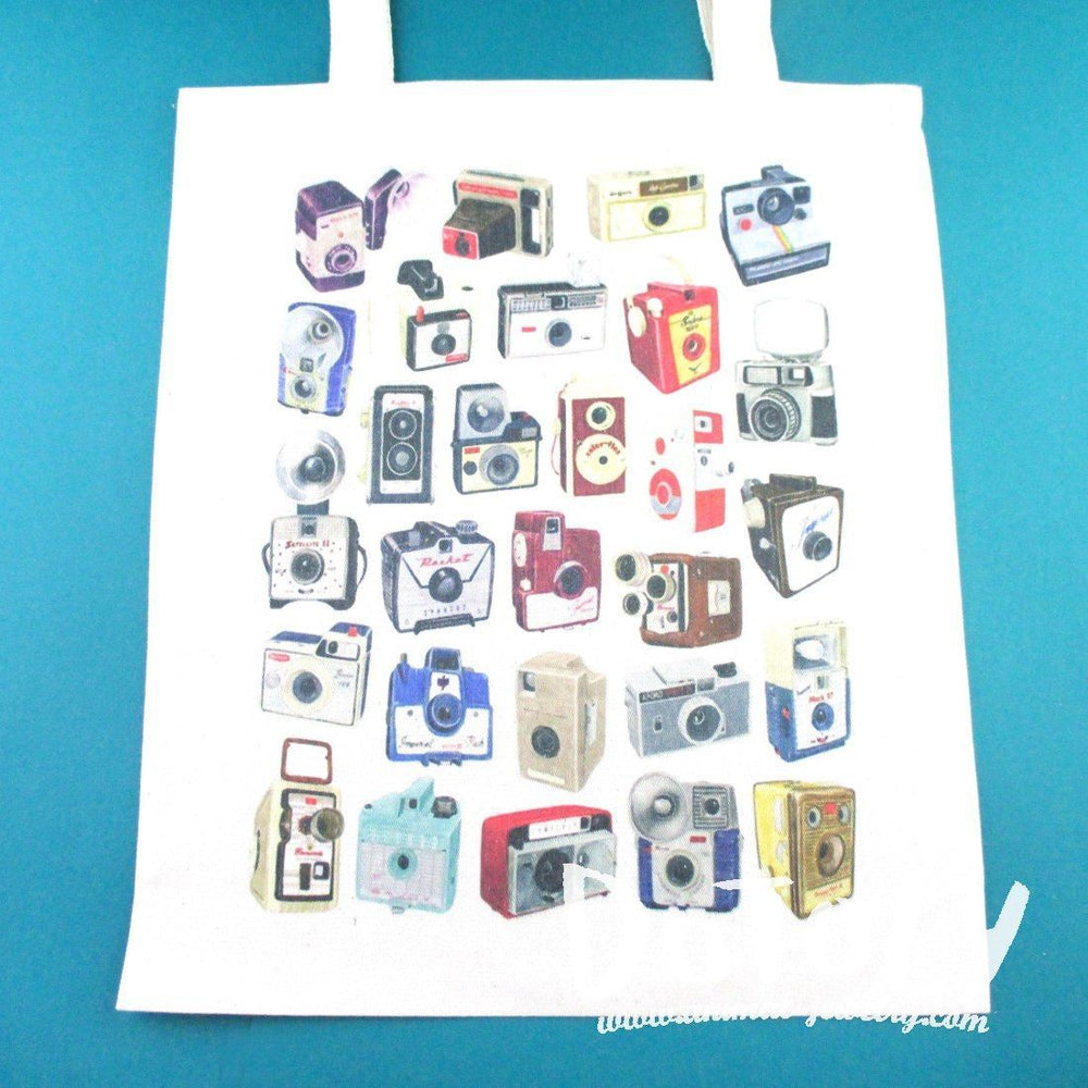 Vintage Antique Camera Print Illustrated Canvas Shopper Tote Bag