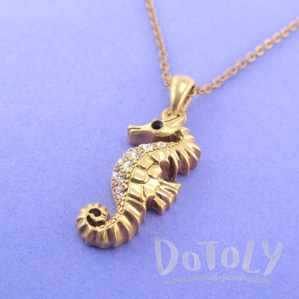 Vintage Inspired Seahorse Shaped Pendant Necklace in Antique Gold