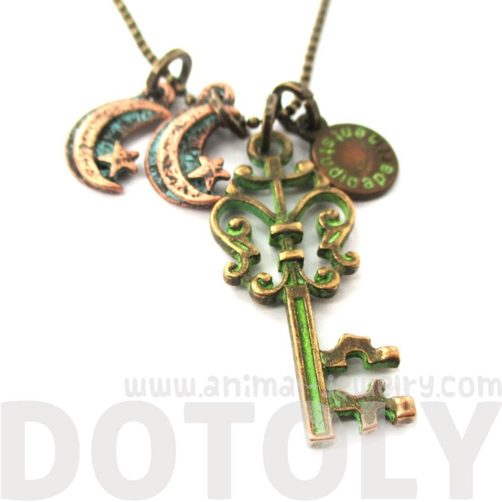 Vintage Skeleton Key and Moon Shaped Charm Necklace in Brass | DOTOLY | DOTOLY