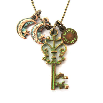 Vintage Skeleton Key and Moon Shaped Charm Necklace in Brass | DOTOLY | DOTOLY