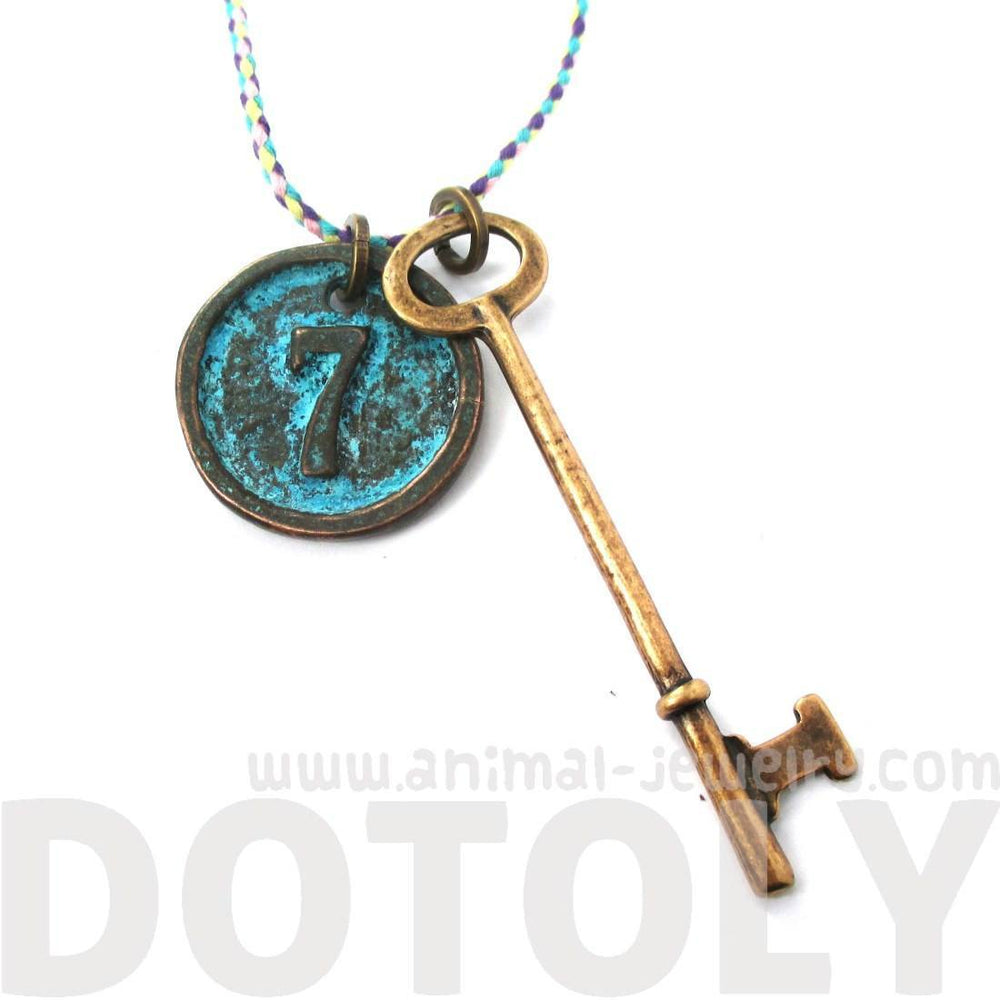 Vintage Skeleton Key and Round Room Number Pendant Necklace in Brass | DOTOLY | DOTOLY