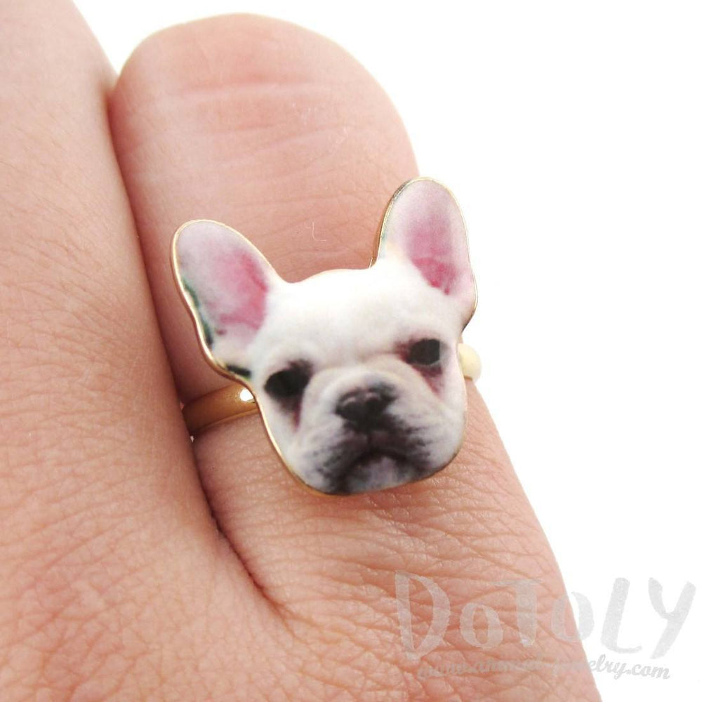 White French Bulldog Puppy Face Shaped Adjustable Ring | Animal Jewelry | DOTOLY