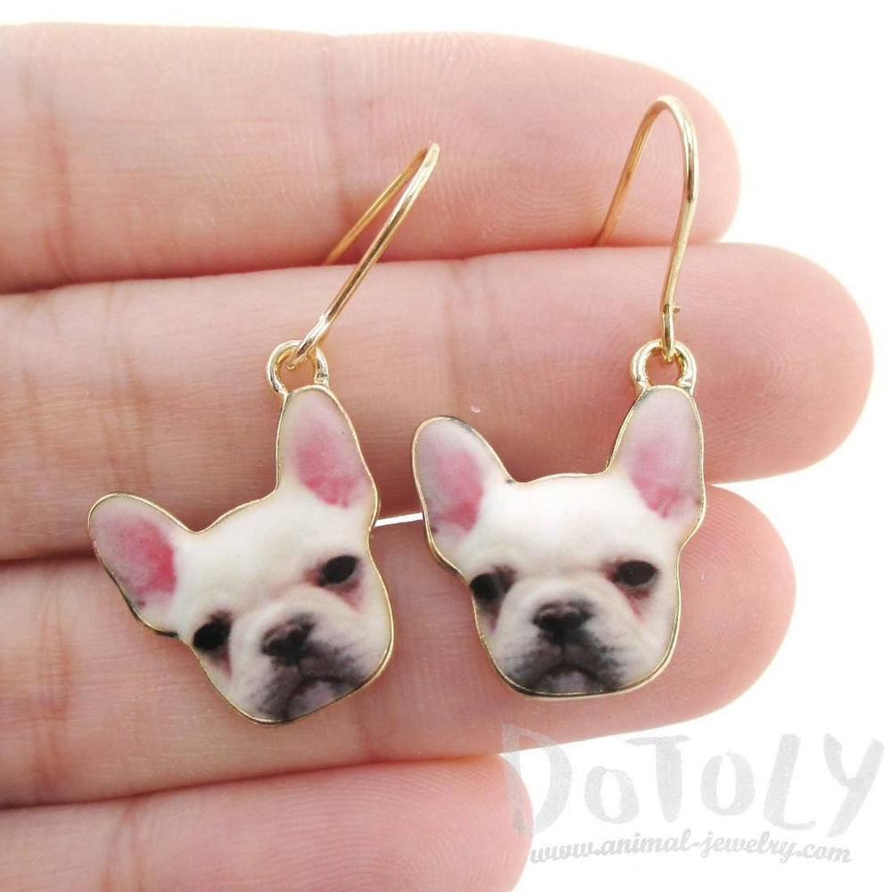 White French Bulldog Puppy Shaped Dangle Drop Earrings | Animal Jewelry | DOTOLY