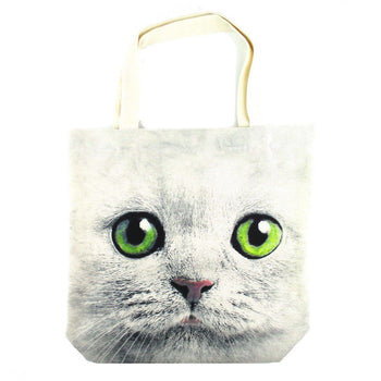White Kitty Cat Face Print Hemp Fabric Tote Shopper Bag | Gifts for Cat Lovers | DOTOLY