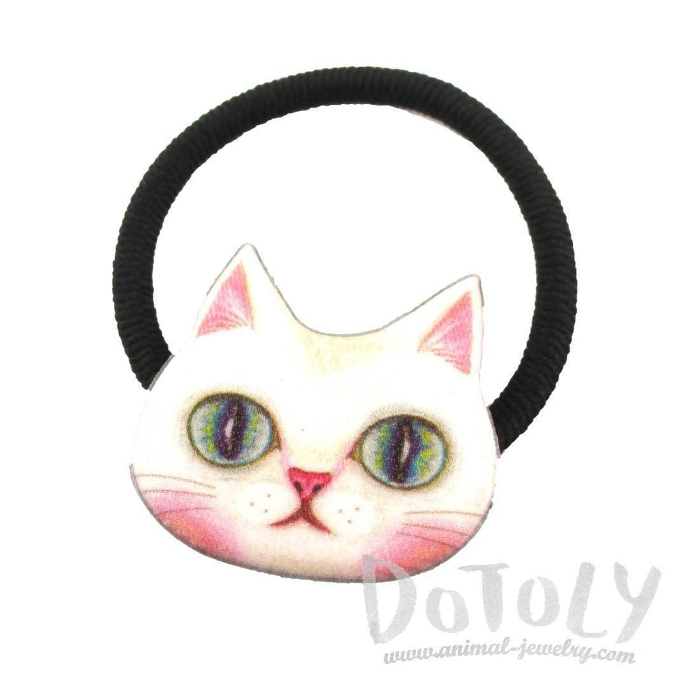 White Kitty Cat Face Shaped Glittery Hair Tie Ponytail Holder | DOTOLY