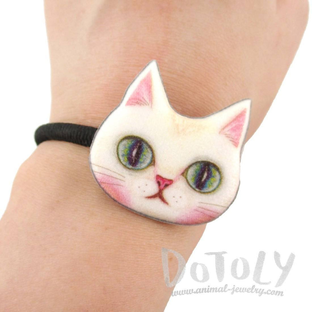 White Kitty Cat Face Shaped Glittery Hair Tie Ponytail Holder | DOTOLY