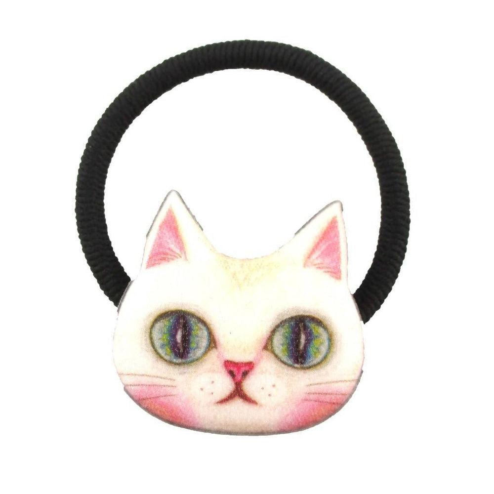 White Kitty Cat Face Shaped Glittery Hair Tie Ponytail Holder | DOTOLY