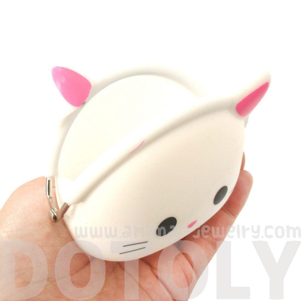 White Kitty Cat Face Shaped Mimi Pochi Animal Friends Silicone Clasp Coin Purse Pouch | DOTOLY