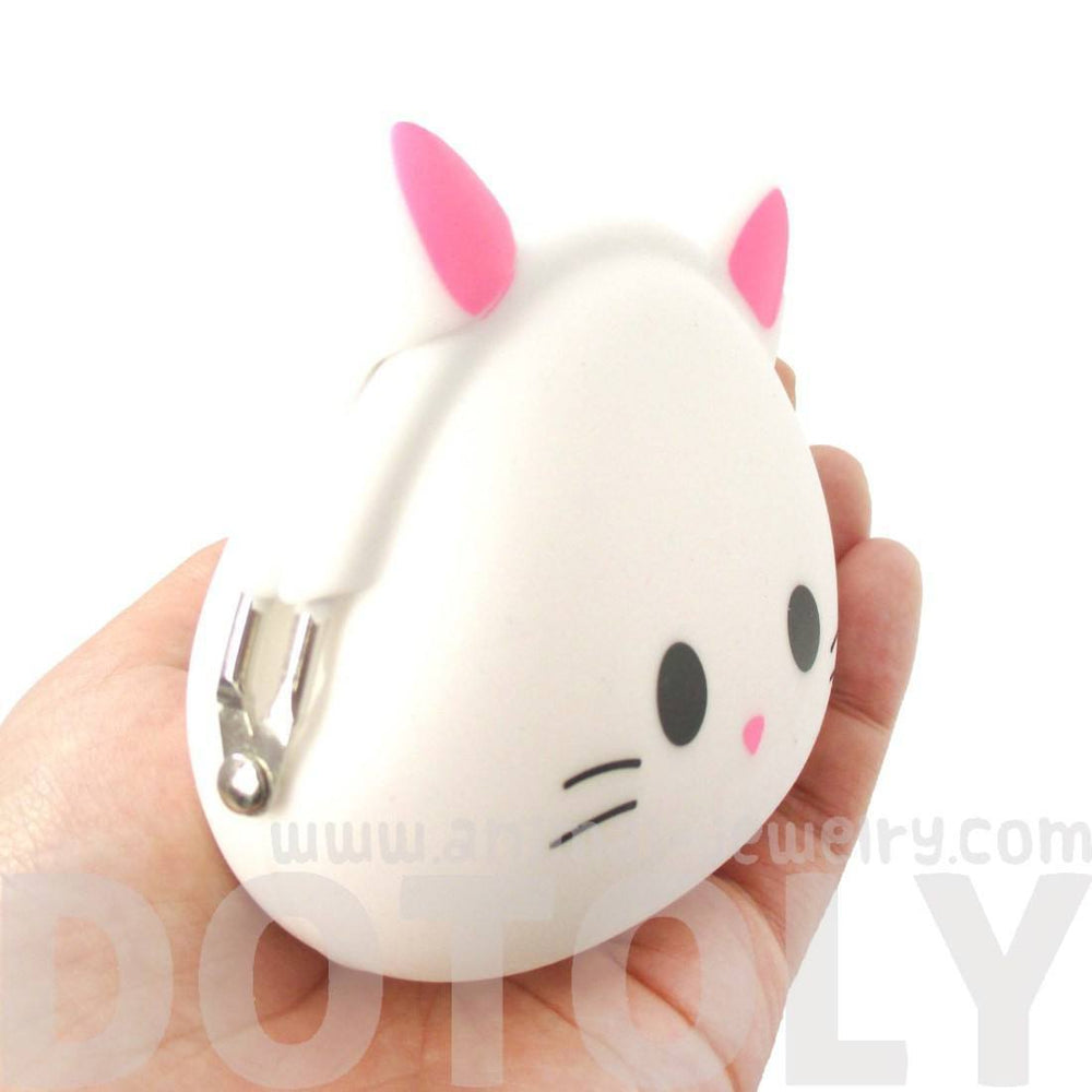 White Kitty Cat Face Shaped Mimi Pochi Animal Friends Silicone Clasp Coin Purse Pouch | DOTOLY