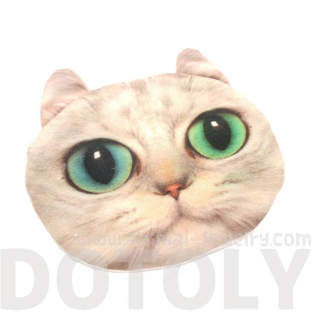 White Kitty Cat Face Shaped Soft Fabric Zipper Coin Purse Make Up Bag with Bright Green Eyes | DOTOLY