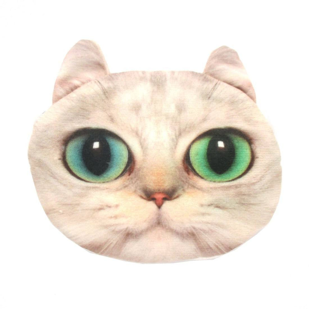 White Kitty Cat Face Shaped Soft Fabric Zipper Coin Purse Make Up Bag with Bright Green Eyes | DOTOLY