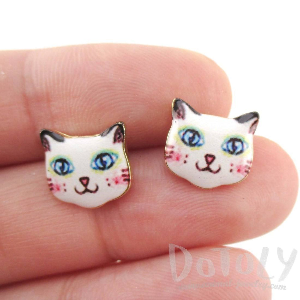 White Kitty Cat Hand Drawn Face Shaped Stud Earrings | Animal Jewelry | DOTOLY