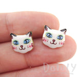 White Kitty Cat Hand Drawn Face Shaped Stud Earrings | Animal Jewelry | DOTOLY