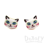 White Kitty Cat Hand Drawn Face Shaped Stud Earrings | Animal Jewelry | DOTOLY