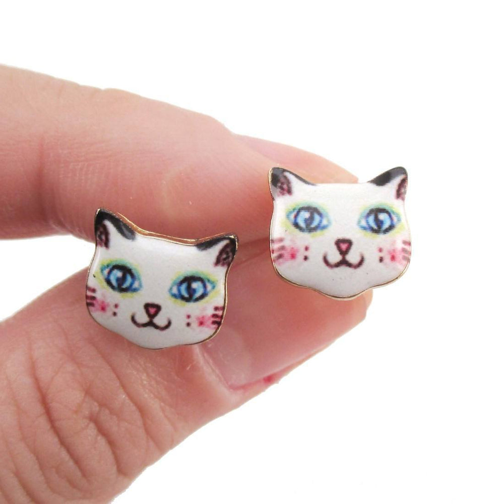 White Kitty Cat Hand Drawn Face Shaped Stud Earrings | Animal Jewelry | DOTOLY