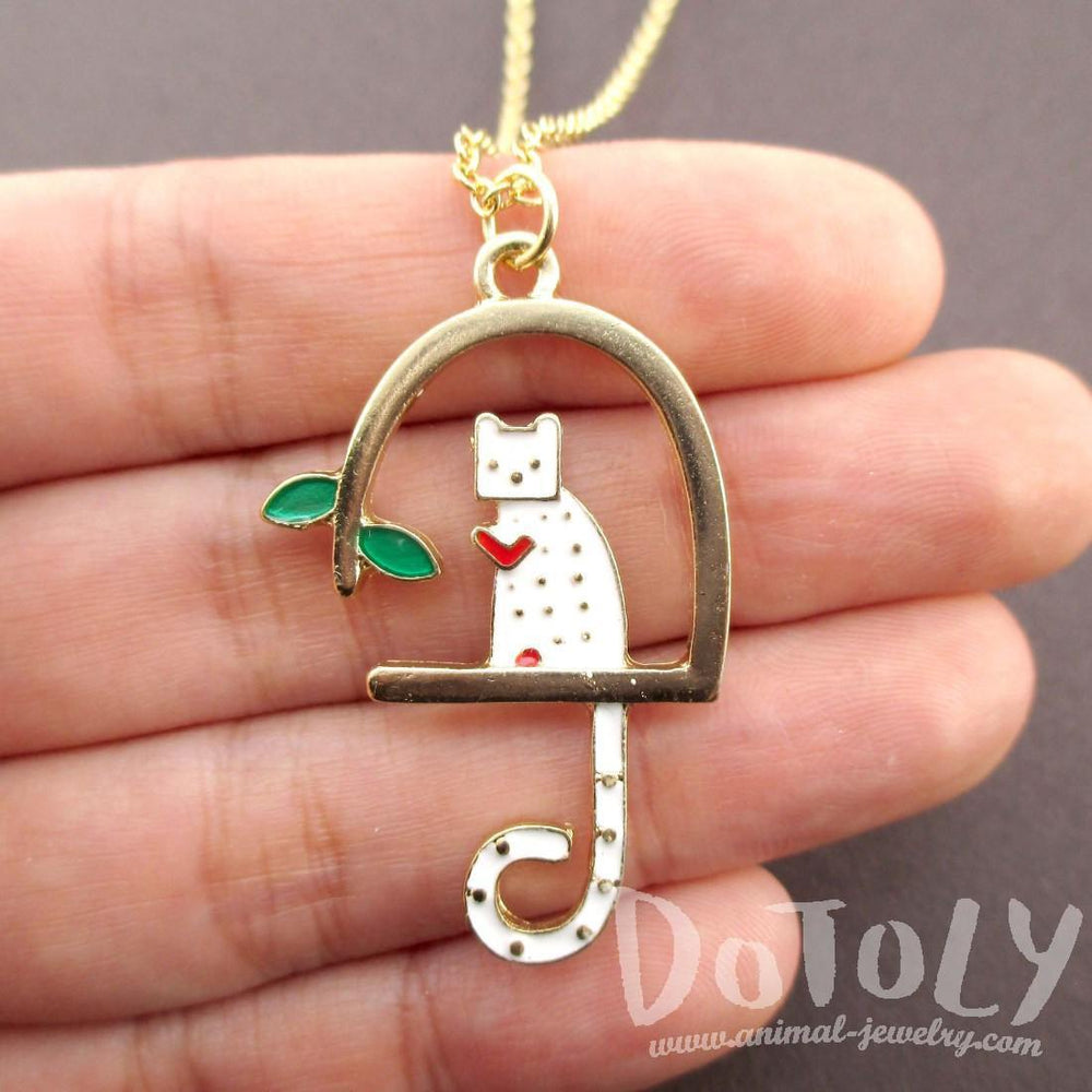 White Kitty Cat Sitting in a Birdcage Shaped Pendant Necklace | Animal Jewelry | DOTOLY